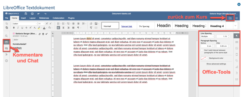 OnlyOffice Textdokument in Moodle: Oberfläche und Funktionen