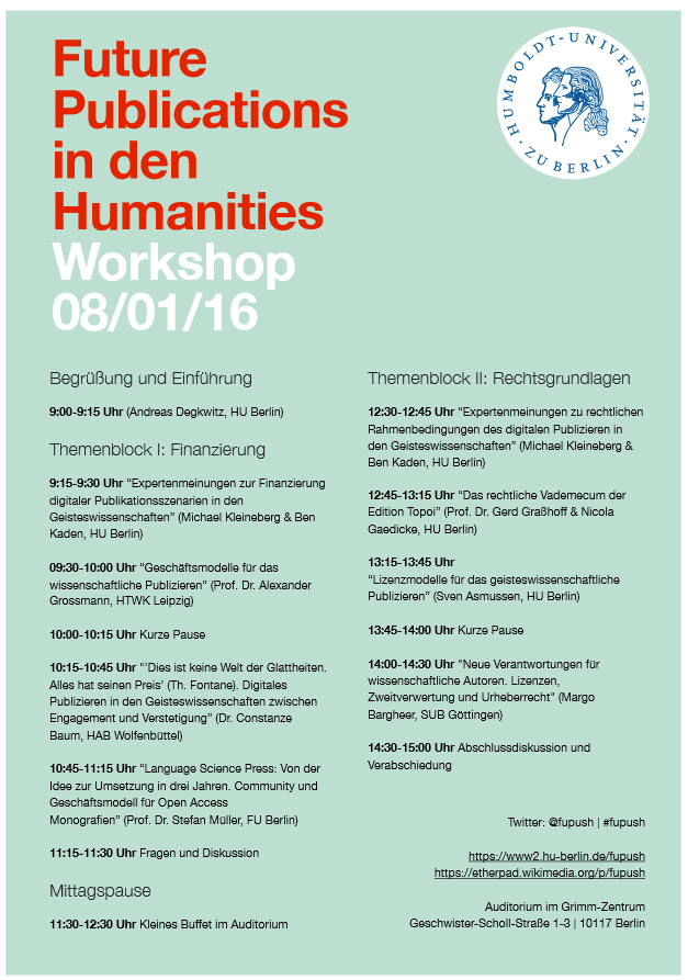 zu Finanzierung und Rechtsgrundlagen des digitalen Publizierens. Am 08.01.2016
