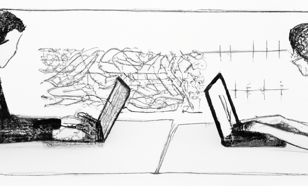 Bleistiftzeichnung, mit dem Bildgenerator DALL-E generiert. Zwei Personen, die sich gegenübersitzen, vor jeder Person steht ein Laptop.