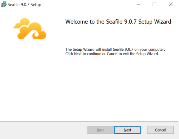 Initiales Fenster des Seafile Client Setups. Optionen sind "Next" und "Cancel".