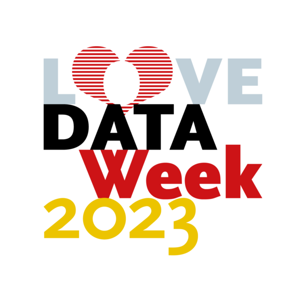 Logo der Love Data Week in Deutschland. Text: Love Data Week in den Farben Grau, Schwarz, Rot, Gold. Das "o" in "Love" ist als rotes Herz gestaltet.
