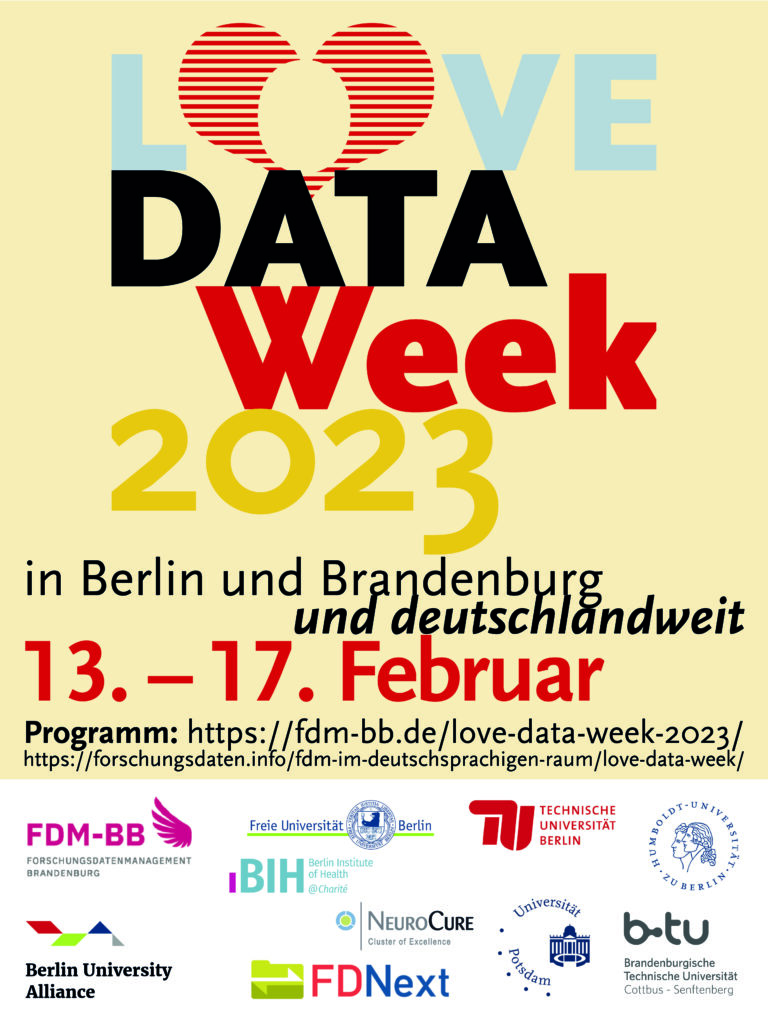 Text: Love Data Week 2023 in Berlin und Brandenburg und deutschlandweit. 13.-17. Februar. Darunter die Logos der teilnehmenden Einrichtungen.